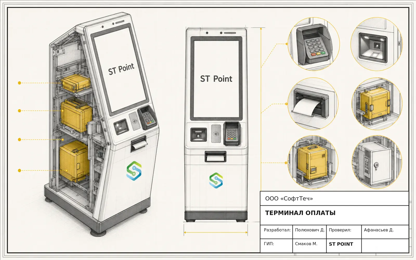 Инженерная схема устройства «Терминалы оплаты» ST Point с изометрическим разрезом, основными модулями и сервисными зонами